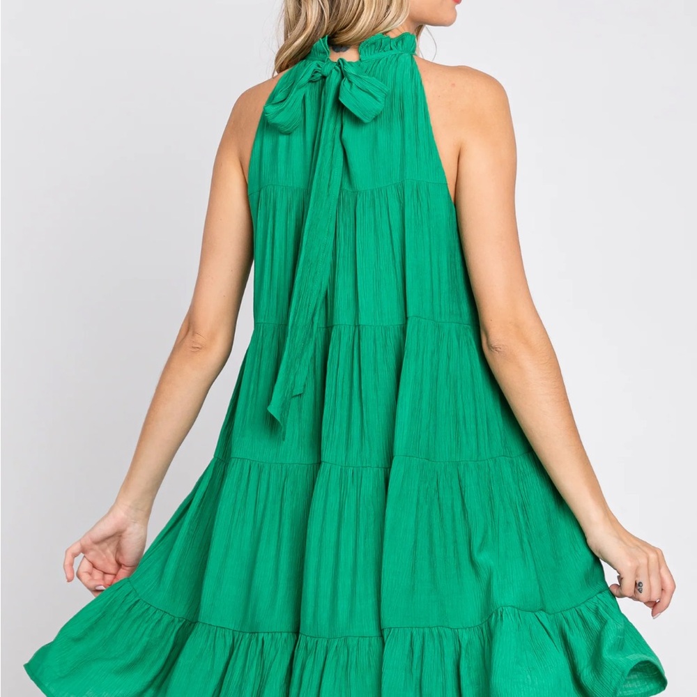 Green Ruffle Mock Neck Tiered Dress - Picture 3 of 9